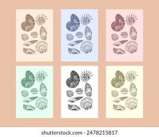 Seashell poster collection, summer beach, seashell. 6 different colors of posters for the interior.