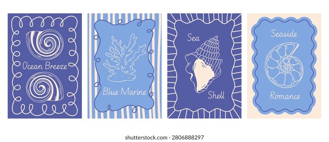 Seashell poster set with spiral snail, coral reef, murex conch, nautilus, wavy frame, stripe, hand drawn vector, blue mediterranean line art, retro flat style, for vacation, resort greeting card print
