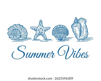 Seashell print design. Summer design in line art style. Blue ink.