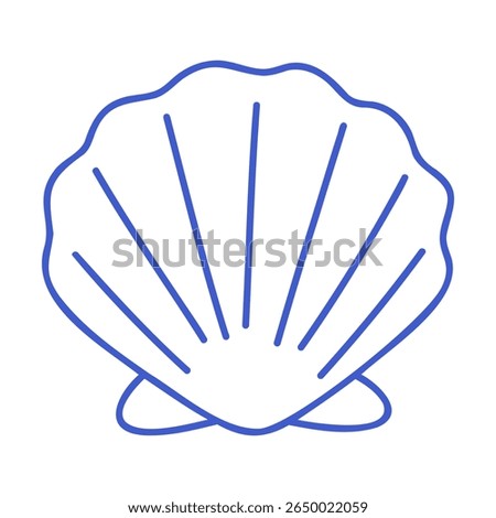 Seashell with radiating lines in marine blue line art style. Hand drawn marine icon. Outline vector isolated illustration.