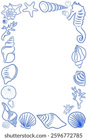 Seashell rectangle frame, sea animals, coral illustration, line drawing sea animal, doodle style. Cute underwater creatures, vector line, blue ultramarine color