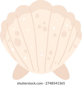 Seashell with ridges and speckles standing upright in a clean, soft shape. Symbol of beach, summer, treasure, and marine calm for travel and coastal themes. Cartoon vector illustration.