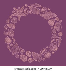 Seashell round frame free hand drawing, sketch style