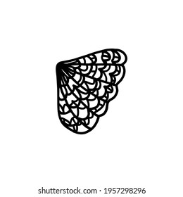seashell scallop Comtopallium Radula doodle. Black and white coloring. Cute monochrome print for printing on fabric, paper, wallpaper, packaging. Summer goods. Vector illustrations, drawings