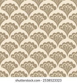 Seashell scallop seamless pattern. Nursery beach endless background. Childish repeat ornament. Vector hand drawn illustration.