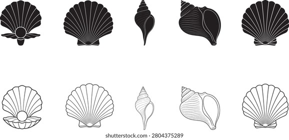 Seashell, Scallop Shell and Conch Outline and Silhouette Vector Set
