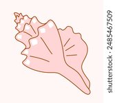 Seashell of schematic simple shape. Cute vector symbol of queen conch in shape of cone twisted into spiral for graphic design on an isolated background. Side view.