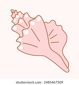 Seashell of schematic simple shape. Cute vector symbol of queen conch in shape of cone twisted into spiral for graphic design on an isolated background. Side view.