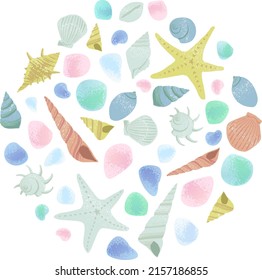 Seashell and sea  glass circle vector illustration 