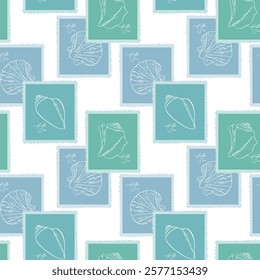 Seashell sea pattern drawn on stamps, summer sea holidays, in blue and aquamarine colors, on white background.