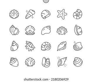 Muschel. Meerestern, Weichtiere und Perlen. Meeresnatur. Pixel Perfect Vector Thin Line Icons. Einfaches Minimal-Piktogramm