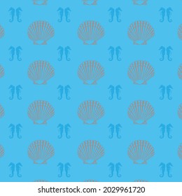 Seashell and seahorse patterns on blue background, vector, decorative, design, textile, fabric, napkin design