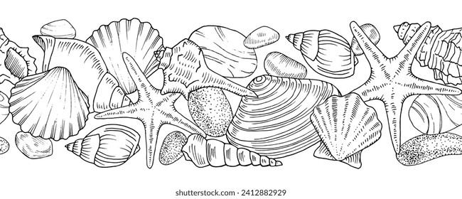 Seashell seamless Border. Vector outline illustration. Hand drawn pattern of Sea frame. Linear drawing on isolated white background. Black contour line art of nautical ornament. For bathroom textile.