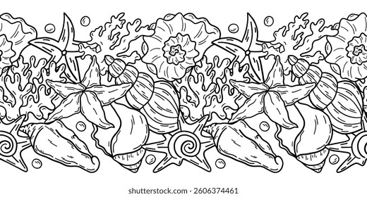 Seashell seamless Border. Vector outline illustration. Hand drawn pattern of Sea frame. Linear drawing on isolated white background. Black contour line art of nautical ornament. For bathroom textile