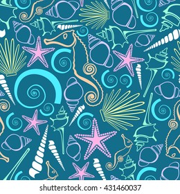 Seashell seamless pattern. Seashell abstract background. Underwater texture. Vector illustration