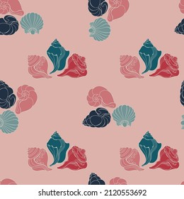 Seashell. Seamless pattern with cartoon shell. Conch on pink. Vector.