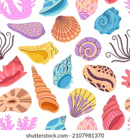 Seashell seamless pattern. Clams background, seashells print. Sea and ocean shells, summer wallpaper with coral. Marine decent vector design