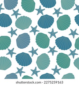 Seashell seamless pattern. Clams background, seashells print. Sea and ocean shells, summer wallpaper with coral. Marine decent vector design