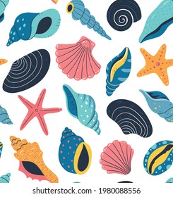 Seashell seamless pattern design. Colorful hand drawn vector illustration. White background.