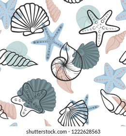 Seashell seamless pattern. design for holiday greeting card and invitation of seasonal summer holidays, summer beach parties, tourism and travel