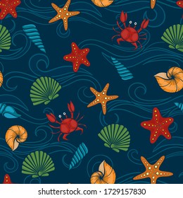 Seashell seamless pattern. design for holiday kids clothes, greeting card and invitation of seasonal summer holidays, summer beach parties, tourism and travel