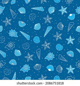 Seashell seamless pattern. design for holiday greeting card and invitation of seasonal summer holidays, summer beach parties, tourism and travel. The theme of the sea. Seashells and starfish on a dark