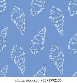 Seashell seamless pattern in flat, line art style on blue background. Undersea summer design for textile, package, sea food restaurant. Vector illustration.