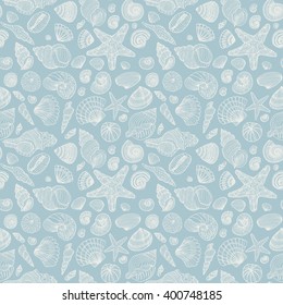 Seashell seamless pattern, free hand drawing, sketch style