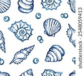 Seashell Seamless pattern hand drawn with watercolor. For textile, fabric, wallpaper, banners, cards and so on