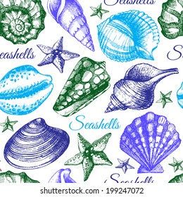 Seashell seamless pattern. Hand drawn sketch illustration