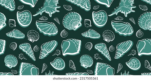 Seashell seamless pattern hand drawn art line underwater clums. Vector illustration in sketch vintage style. Great for card, package, wedding prints, decor.