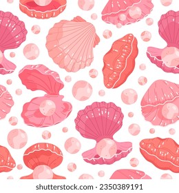 Seashell seamless pattern. Hand drawn scallop shells with pearls, cute underwater seashells. Ocean fauna flat vector background illustration
