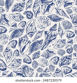 Seashell seamless pattern with hand drawn shells. Sea life background, ocean texture, underwater nature design in blue color.