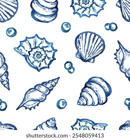 Seashell patrón inconsútil dibujado a mano con acuarela. Para la materia textil, tela, Fondo de pantalla, Anuncios, tarjetas y así sucesivamente