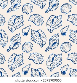 Seashell seamless pattern hand drawn art line underwater clums. Illustration in sketch vintage style. Great for card, package, wedding prints, decor.