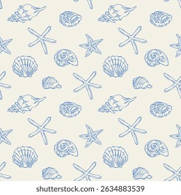 Seashell seamless pattern in hand drawn. Seamless pattern with seashells and starfish in blue line art style on a light background for fabric, wrapping, packaging, summer nautical design, wallpaper.
