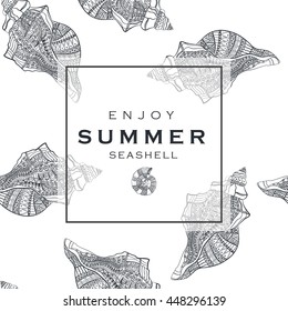 Seashell seamless pattern isolated on white. Vector illustration. Zentangle. Coloring book page for adult. Hand drawn artwork. Beach concept for restaurant menu card, ticket, branding, logo label.