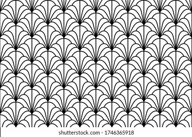 Seashell seamless pattern. Laser cut. Gatsby texture. Art deco fan for laser cutting. Scale ornate background. Roaring great style. Black and white geometric nouveau. Design shell for prints. Vector