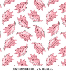 Seashell seamless pattern in line art style with pink color. Undersea repeat texture background. Summer ocean beach design for textile fabric design. Vector illustration on a white background.