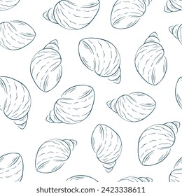 Seashell seamless pattern in line art style. Undersea shell repeat texture design. Hand drawn summer illustration. Vector on a white background.
