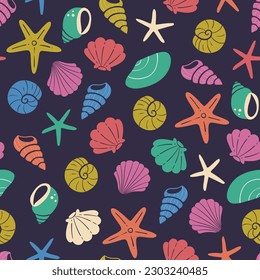 Seashell seamless pattern. Marine background decorative elements isolated on dark background. Hand-drawn colorful vector illustration