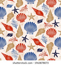 Seashell seamless pattern - marine repeat vector design with retro style shell illustrations