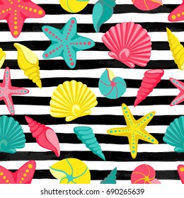 Seashell seamless pattern on black and white watercolor stripes. design for holiday greeting card and invitation of seasonal summer holidays, summer beach parties, tourism and travel