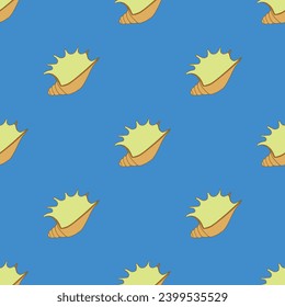 Seashell seamless pattern on the blue background