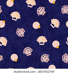 Seashell seamless pattern on dark blue ocean background