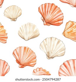 seashell seamless pattern on isolated white background, watercolor illustration