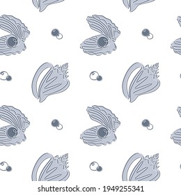 Seashell Seamless Pattern in one line drawing. Hand drawn vector nautical ocean background with sea shells and pearl. Perfect for textiles, wallpaper and prints