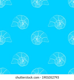 Seashell seamless pattern. Outline white marine object on light blue background. Vector illustration.