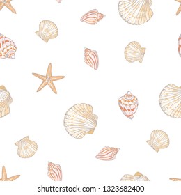 Seashell seamless pattern. Scallop vector background.