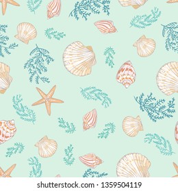 Seashell seamless pattern. Scallop vector background.